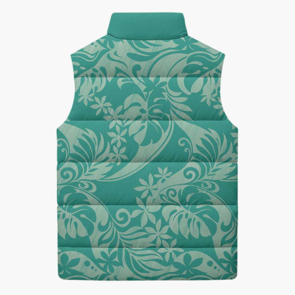 Tahiti Teal Tiare Floral Sleeveless Puffer Jacket Monstera Palm Tropical Leaves - Polynesian Pride
