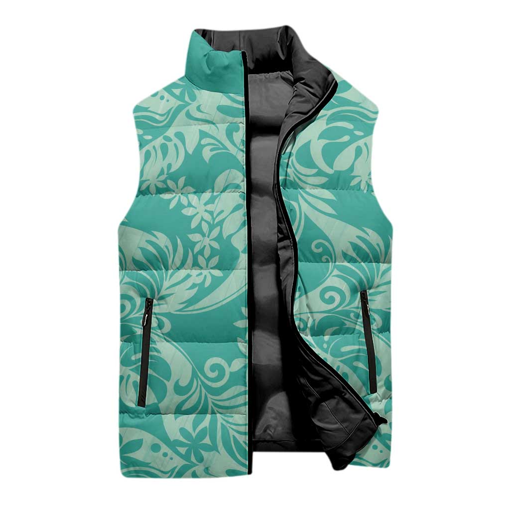 Tahiti Teal Tiare Floral Sleeveless Puffer Jacket Monstera Palm Tropical Leaves - Polynesian Pride