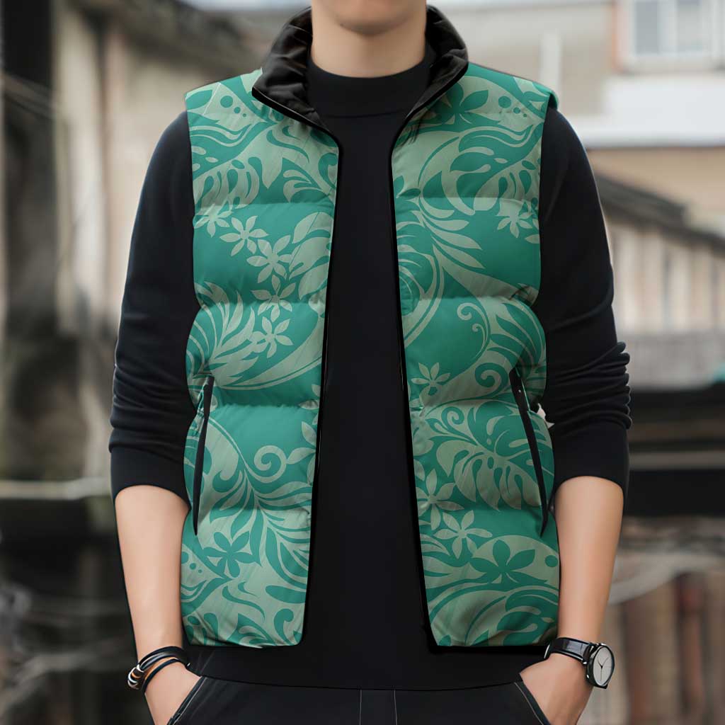 Tahiti Teal Tiare Floral Sleeveless Puffer Jacket Monstera Palm Tropical Leaves - Polynesian Pride