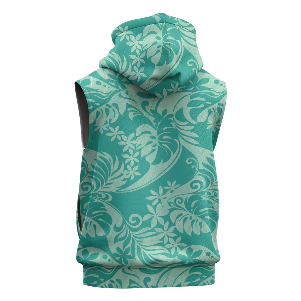 Tahiti Teal Tiare Floral Sleeveless Zip Hoodie Monstera Palm Tropical Leaves - Polynesian Pride