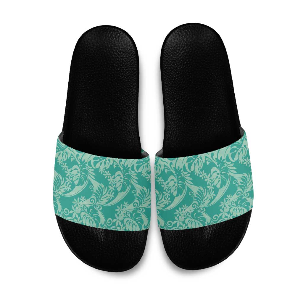 Tahiti Teal Tiare Floral Slide Sandals Monstera Palm Tropical Leaves - Polynesian Pride