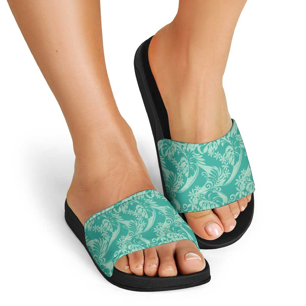 Tahiti Teal Tiare Floral Slide Sandals Monstera Palm Tropical Leaves - Polynesian Pride