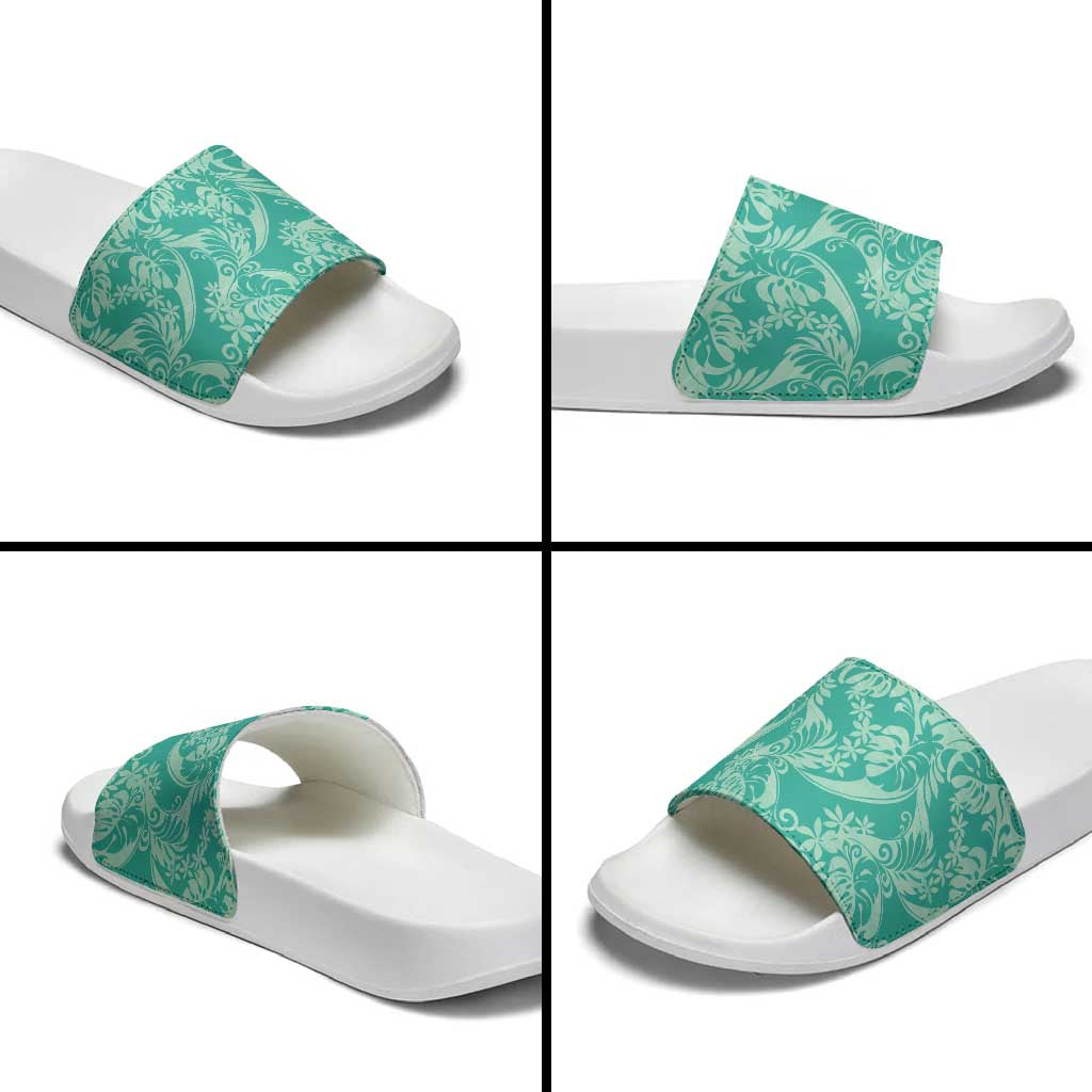 Tahiti Teal Tiare Floral Slide Sandals Monstera Palm Tropical Leaves - Polynesian Pride