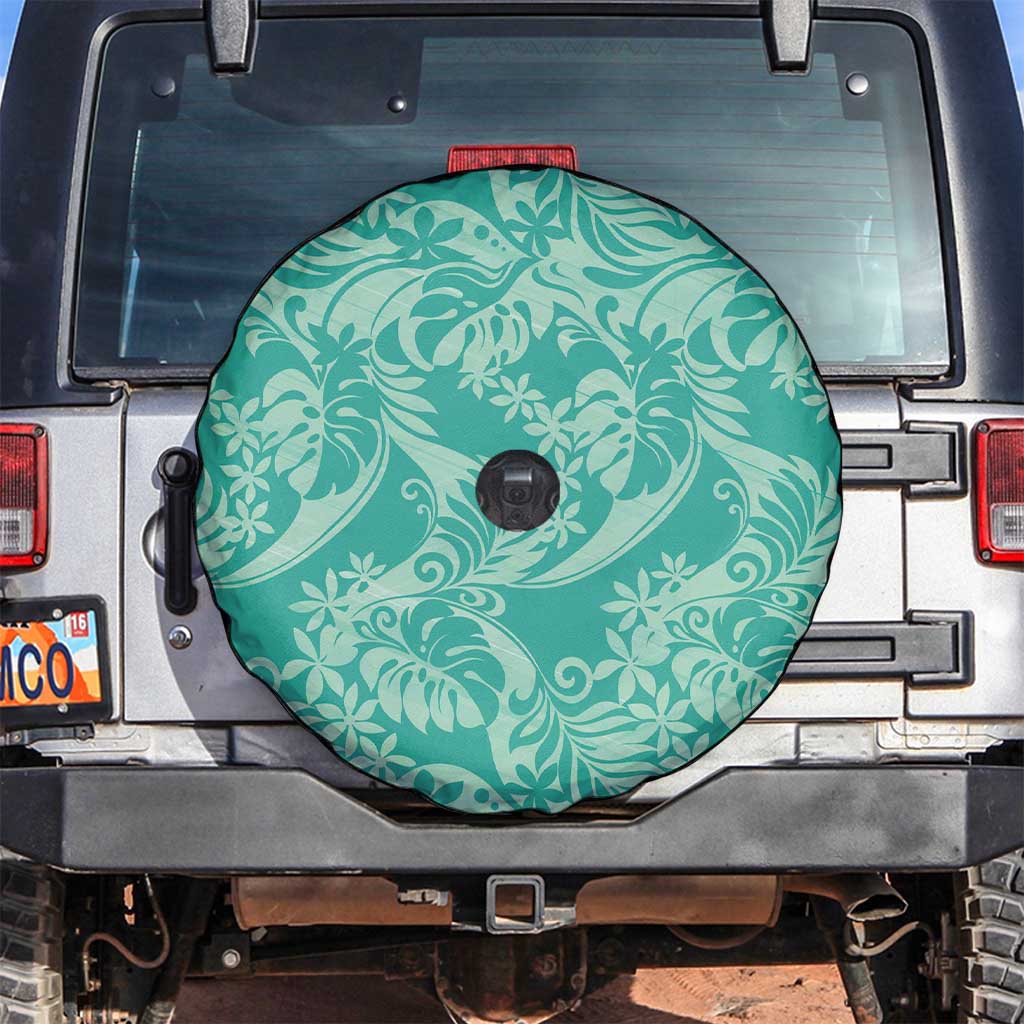 Tahiti Teal Tiare Floral Spare Tire Cover Monstera Palm Tropical Leaves - Polynesian Pride