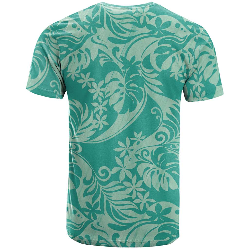 Tahiti Teal Tiare Floral T Shirt Monstera Palm Tropical Leaves - Polynesian Pride