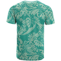 Tahiti Teal Tiare Floral T Shirt Monstera Palm Tropical Leaves - Polynesian Pride