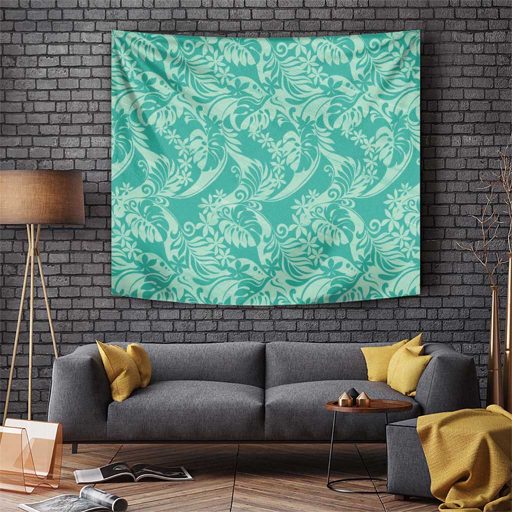 Tahiti Teal Tiare Floral Tapestry Monstera Palm Tropical Leaves - Polynesian Pride