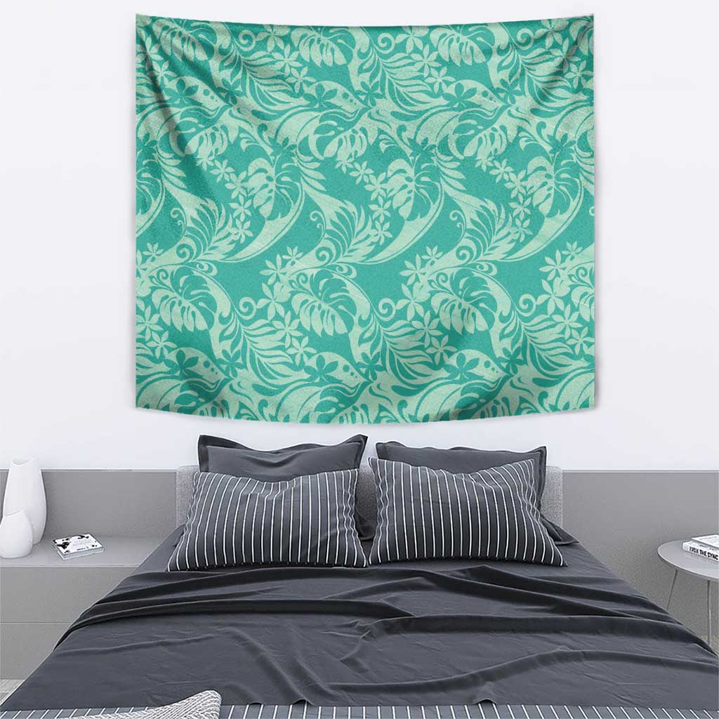 Tahiti Teal Tiare Floral Tapestry Monstera Palm Tropical Leaves - Polynesian Pride