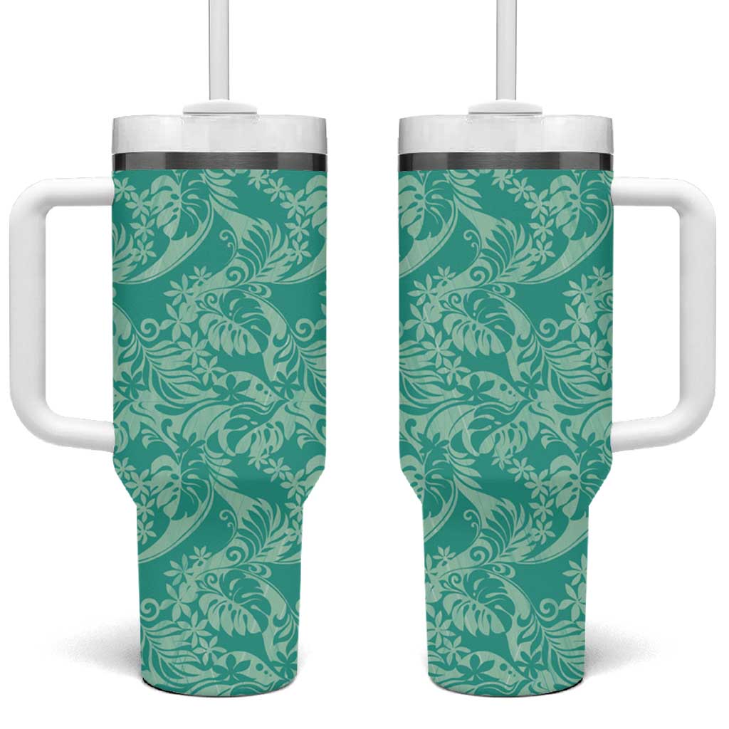 Tahiti Teal Tiare Floral Tumbler With Handle Monstera Palm Tropical Leaves - Polynesian Pride