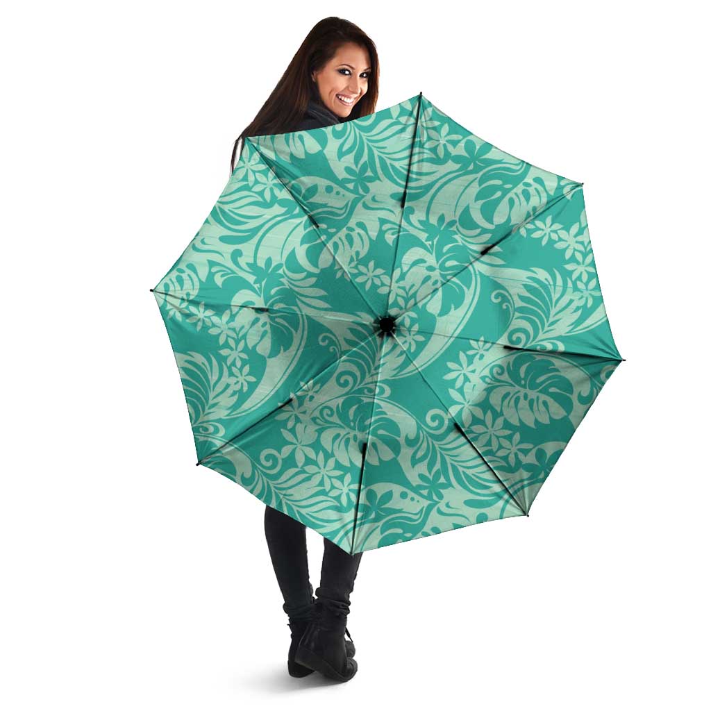 Tahiti Teal Tiare Floral Umbrella Monstera Palm Tropical Leaves - Polynesian Pride