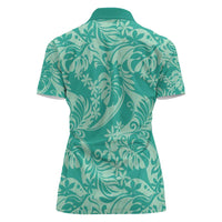 Tahiti Teal Tiare Floral Women Polo Shirt Monstera Palm Tropical Leaves - Polynesian Pride