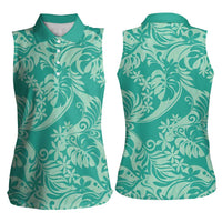 Tahiti Teal Tiare Floral Women Sleeveless Polo Shirt Monstera Palm Tropical Leaves - Polynesian Pride