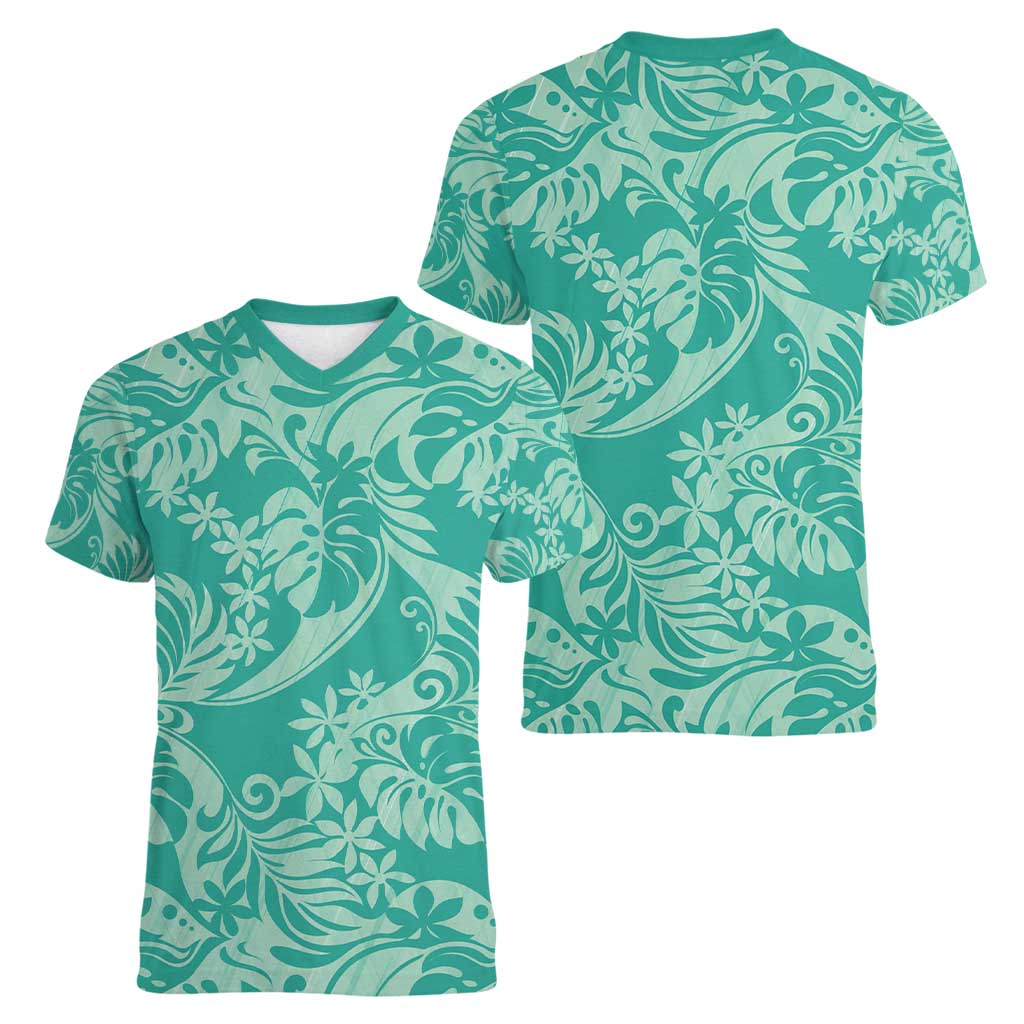Tahiti Teal Tiare Floral Women V-Neck T-Shirt Monstera Palm Tropical Leaves - Polynesian Pride