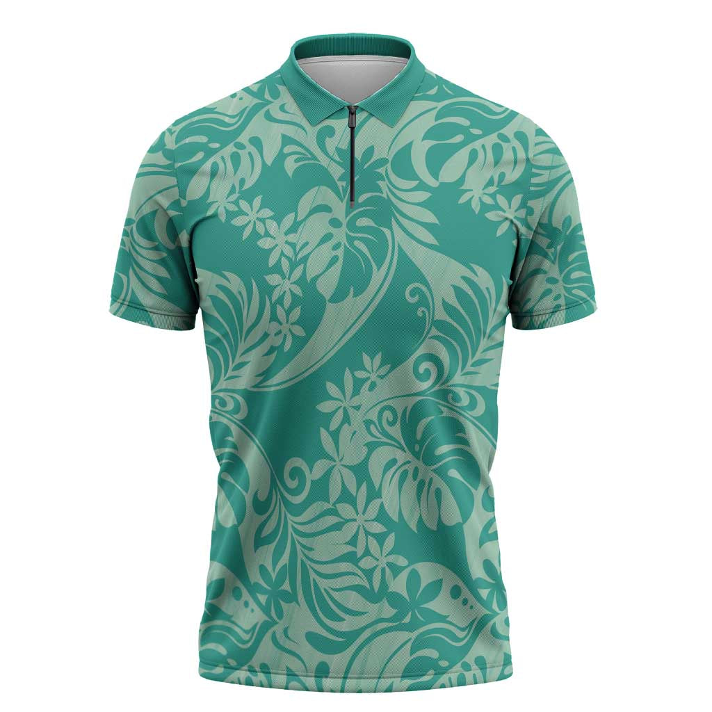 Tahiti Teal Tiare Floral Zipper Polo Shirt Monstera Palm Tropical Leaves - Polynesian Pride
