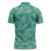 Tahiti Teal Tiare Floral Zipper Polo Shirt Monstera Palm Tropical Leaves - Polynesian Pride
