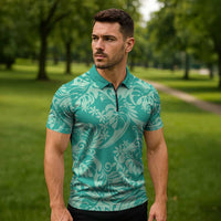 Tahiti Teal Tiare Floral Zipper Polo Shirt Monstera Palm Tropical Leaves - Polynesian Pride