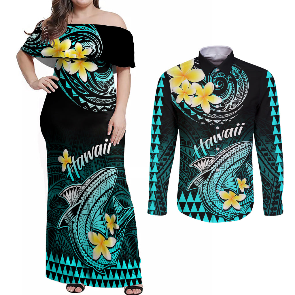 Hawaii Couples Matching Off Shoulder Maxi Dress and Long Sleeve Button Shirts Polynesian Shark with Kakau Turquoise Version LT01 Turquoise - Polynesian Pride