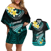 Hawaii Couples Matching Off Shoulder Short Dress and Hawaiian Shirt Polynesian Shark with Kakau Turquoise Version LT01 Turquoise - Polynesian Pride