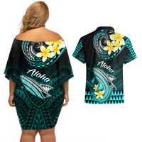 Hawaii Couples Matching Off Shoulder Short Dress and Hawaiian Shirt Polynesian Shark with Kakau Turquoise Version LT01 - Polynesian Pride