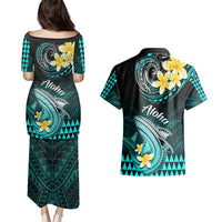 Hawaii Couples Matching Puletasi Dress and Hawaiian Shirt Polynesian Shark with Kakau Turquoise Version LT01 - Polynesian Pride