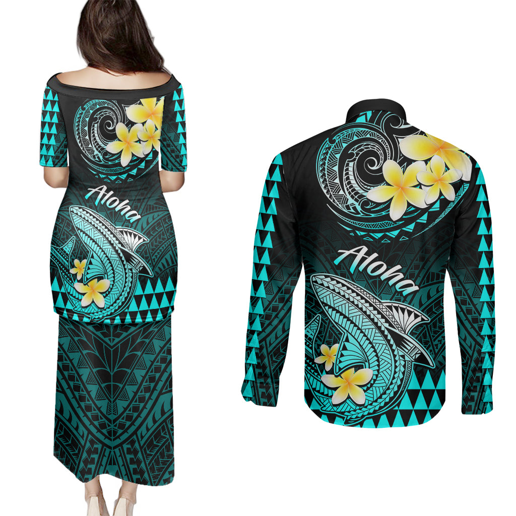 Hawaii Couples Matching Puletasi Dress and Long Sleeve Button Shirts Polynesian Shark with Kakau Turquoise Version LT01 - Polynesian Pride