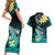 Hawaii Couples Matching Short Sleeve Bodycon Dress and Hawaiian Shirt Polynesian Shark with Kakau Turquoise Version LT01 - Polynesian Pride