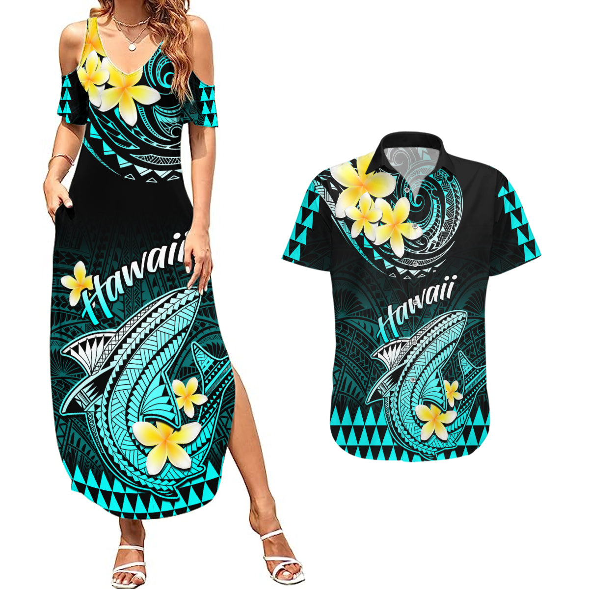Hawaii Couples Matching Summer Maxi Dress and Hawaiian Shirt Polynesian Shark with Kakau Turquoise Version LT01 Turquoise - Polynesian Pride