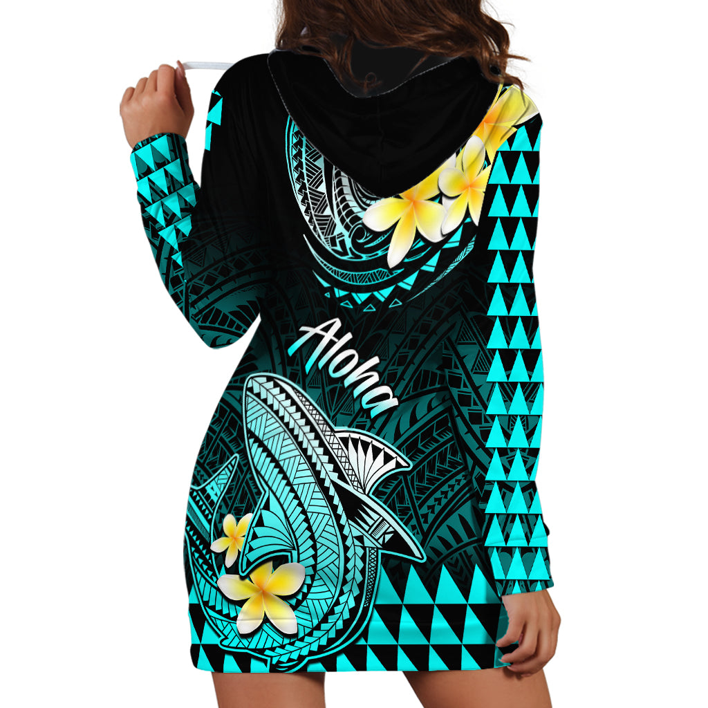Hawaii Hoodie Dress Polynesian Shark with Kakau Turquoise Version LT01 - Polynesian Pride