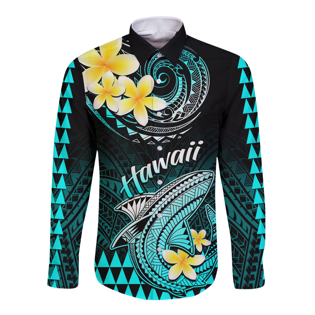 Hawaii Long Sleeve Button Shirt Polynesian Shark with Kakau Turquoise Version LT01 Unisex Turquoise - Polynesian Pride