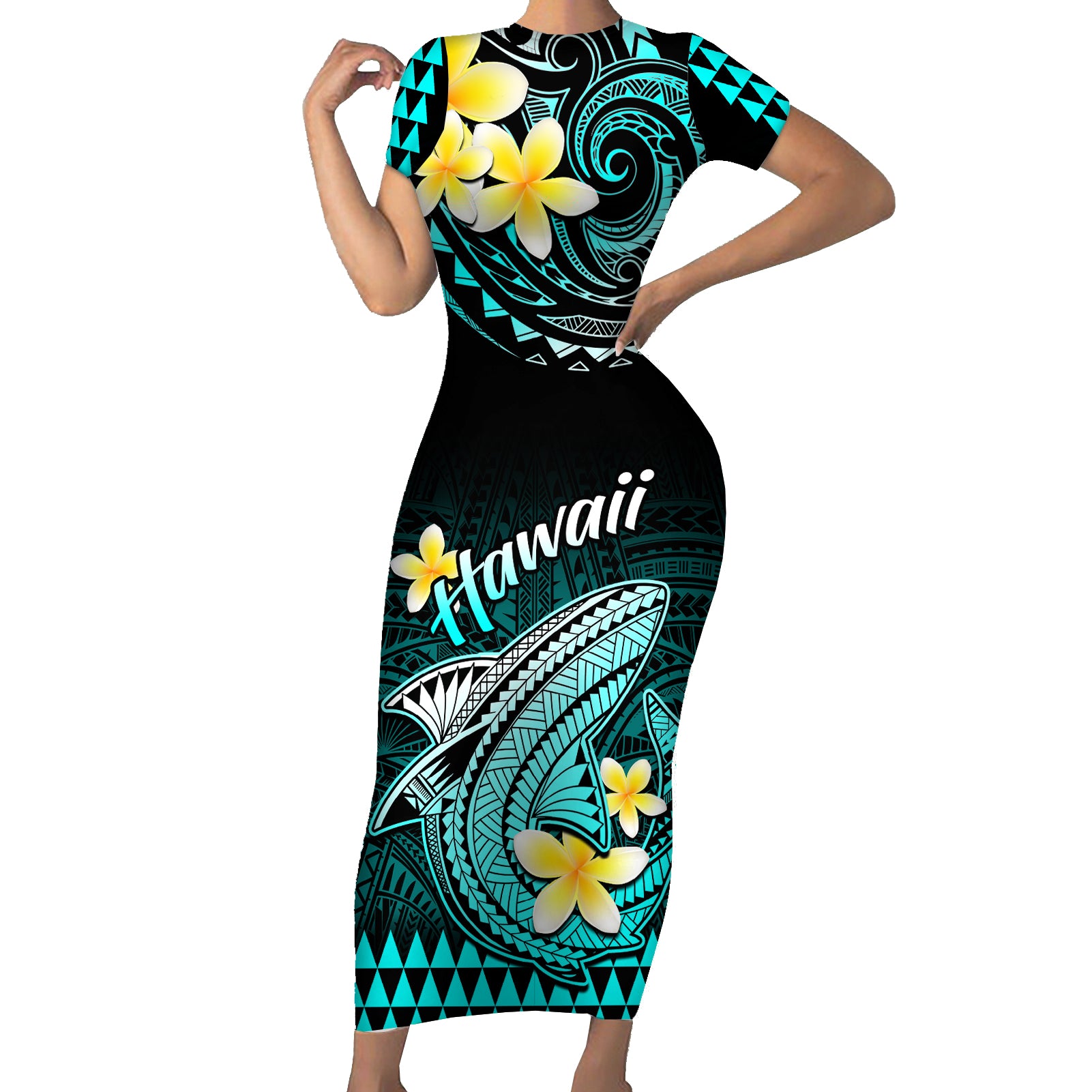 Hawaii Short Sleeve Bodycon Dress Polynesian Shark with Kakau Turquoise Version LT01 Long Dress Turquoise - Polynesian Pride