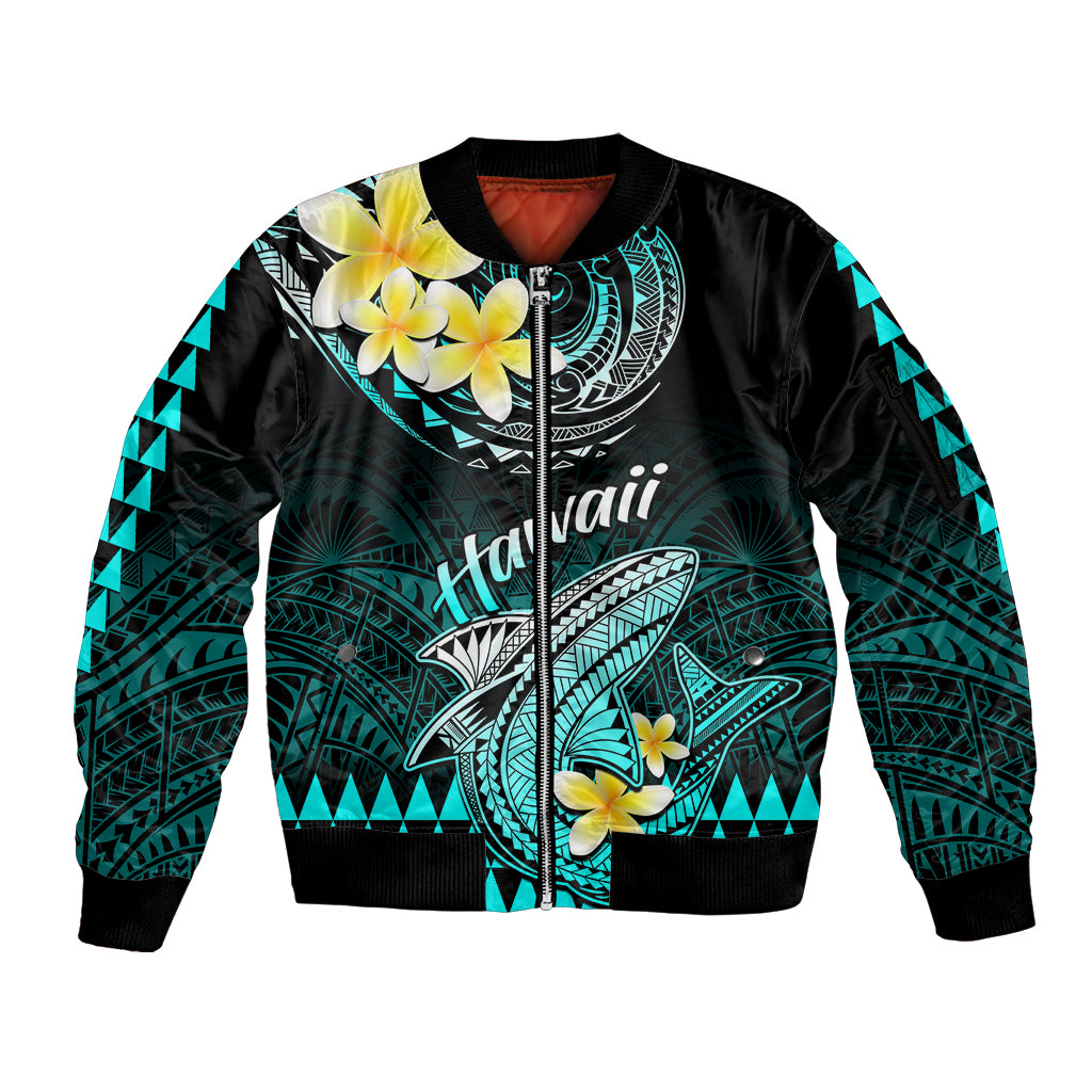 Hawaii Sleeve Zip Bomber Jacket Polynesian Shark with Kakau Turquoise Version LT01 Unisex Turquoise - Polynesian Pride