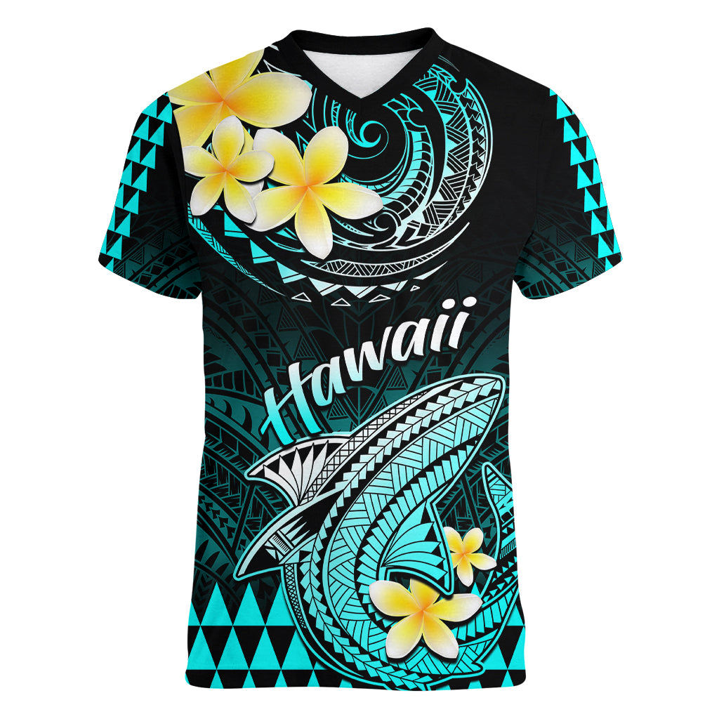 Hawaii Women V Neck T Shirt Polynesian Shark with Kakau Turquoise Version LT01 Female Turquoise - Polynesian Pride