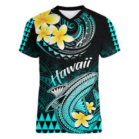 Hawaii Women V Neck T Shirt Polynesian Shark with Kakau Turquoise Version LT01 Female Turquoise - Polynesian Pride