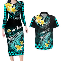 Personalised Hawaii Couples Matching Long Sleeve Bodycon Dress and Hawaiian Shirt Polynesian Shark with Kakau Turquoise Version LT01 Turquoise - Polynesian Pride