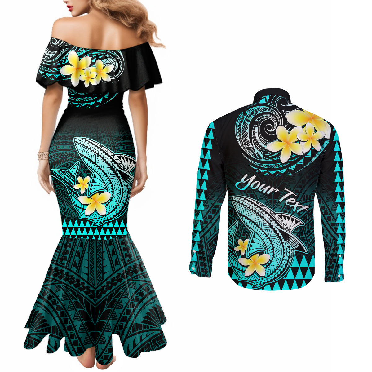 Personalised Hawaii Couples Matching Mermaid Dress and Long Sleeve Button Shirts Polynesian Shark with Kakau Turquoise Version LT01 - Polynesian Pride