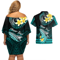Personalised Hawaii Couples Matching Off Shoulder Short Dress and Hawaiian Shirt Polynesian Shark with Kakau Turquoise Version LT01 - Polynesian Pride