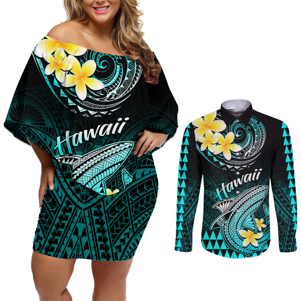 Personalised Hawaii Couples Matching Off Shoulder Short Dress and Long Sleeve Button Shirts Polynesian Shark with Kakau Turquoise Version LT01 Turquoise - Polynesian Pride