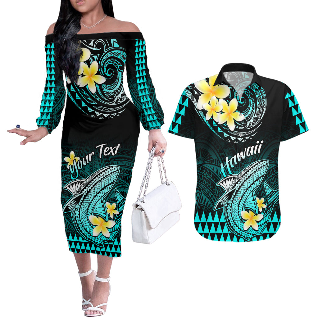 Personalised Hawaii Couples Matching Off The Shoulder Long Sleeve Dress and Hawaiian Shirt Polynesian Shark with Kakau Turquoise Version LT01 Turquoise - Polynesian Pride