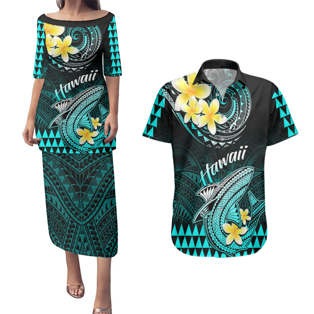 Personalised Hawaii Couples Matching Puletasi Dress and Hawaiian Shirt Polynesian Shark with Kakau Turquoise Version LT01 Turquoise - Polynesian Pride