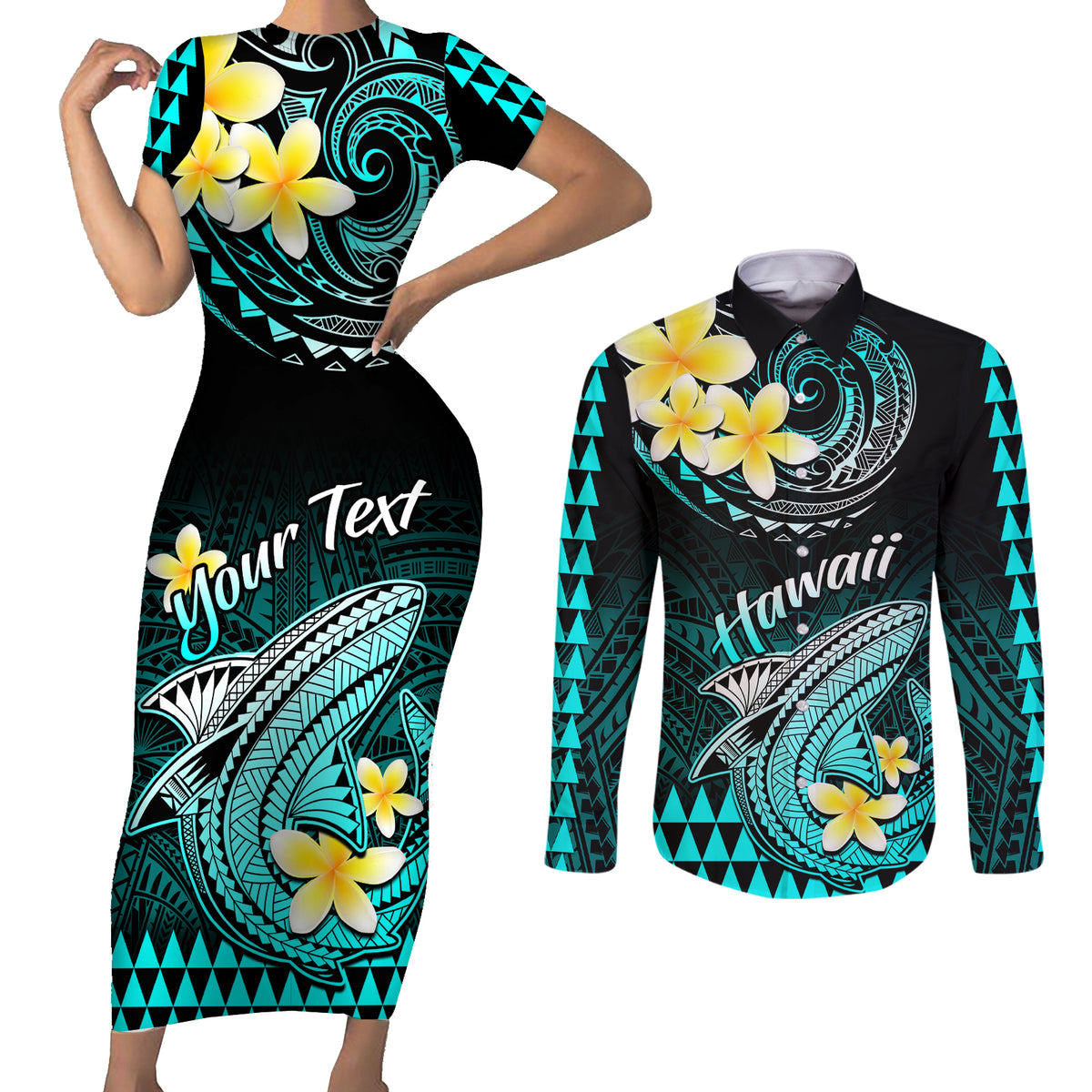 Personalised Hawaii Couples Matching Short Sleeve Bodycon Dress and Long Sleeve Button Shirts Polynesian Shark with Kakau Turquoise Version LT01 Turquoise - Polynesian Pride