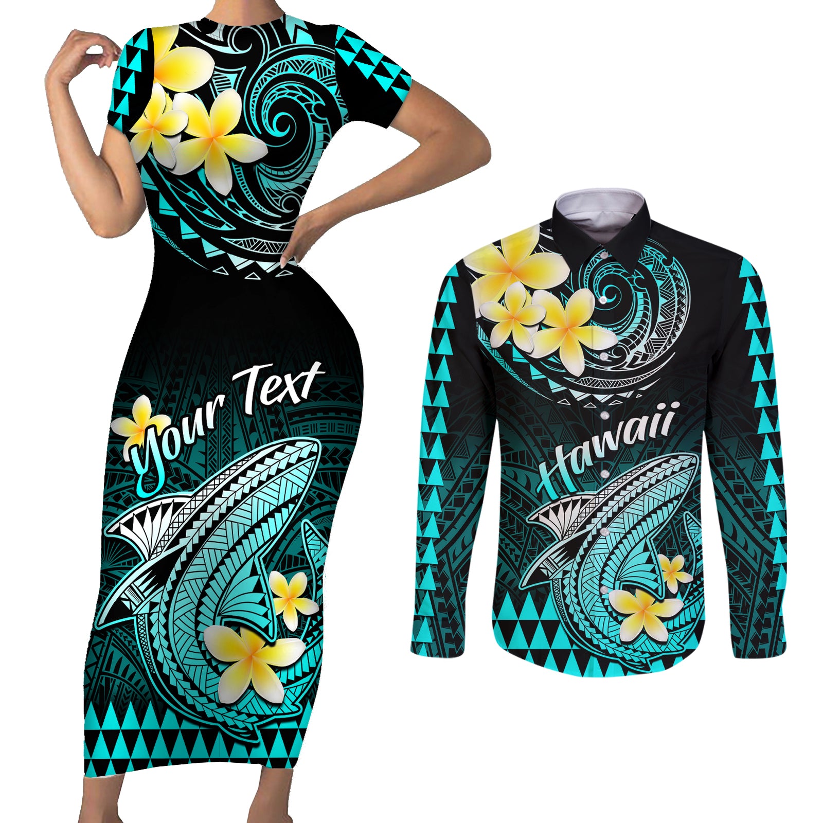 Personalised Hawaii Couples Matching Short Sleeve Bodycon Dress and Long Sleeve Button Shirts Polynesian Shark with Kakau Turquoise Version LT01 Turquoise - Polynesian Pride