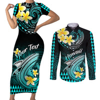 Personalised Hawaii Couples Matching Short Sleeve Bodycon Dress and Long Sleeve Button Shirts Polynesian Shark with Kakau Turquoise Version LT01 Turquoise - Polynesian Pride