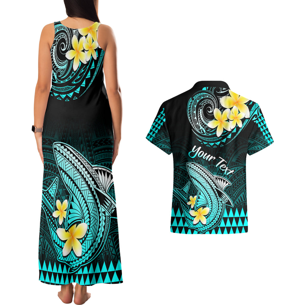 Personalised Hawaii Couples Matching Tank Maxi Dress and Hawaiian Shirt Polynesian Shark with Kakau Turquoise Version LT01 - Polynesian Pride