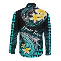 Personalised Hawaii Long Sleeve Button Shirt Polynesian Shark with Kakau Turquoise Version LT01 - Polynesian Pride