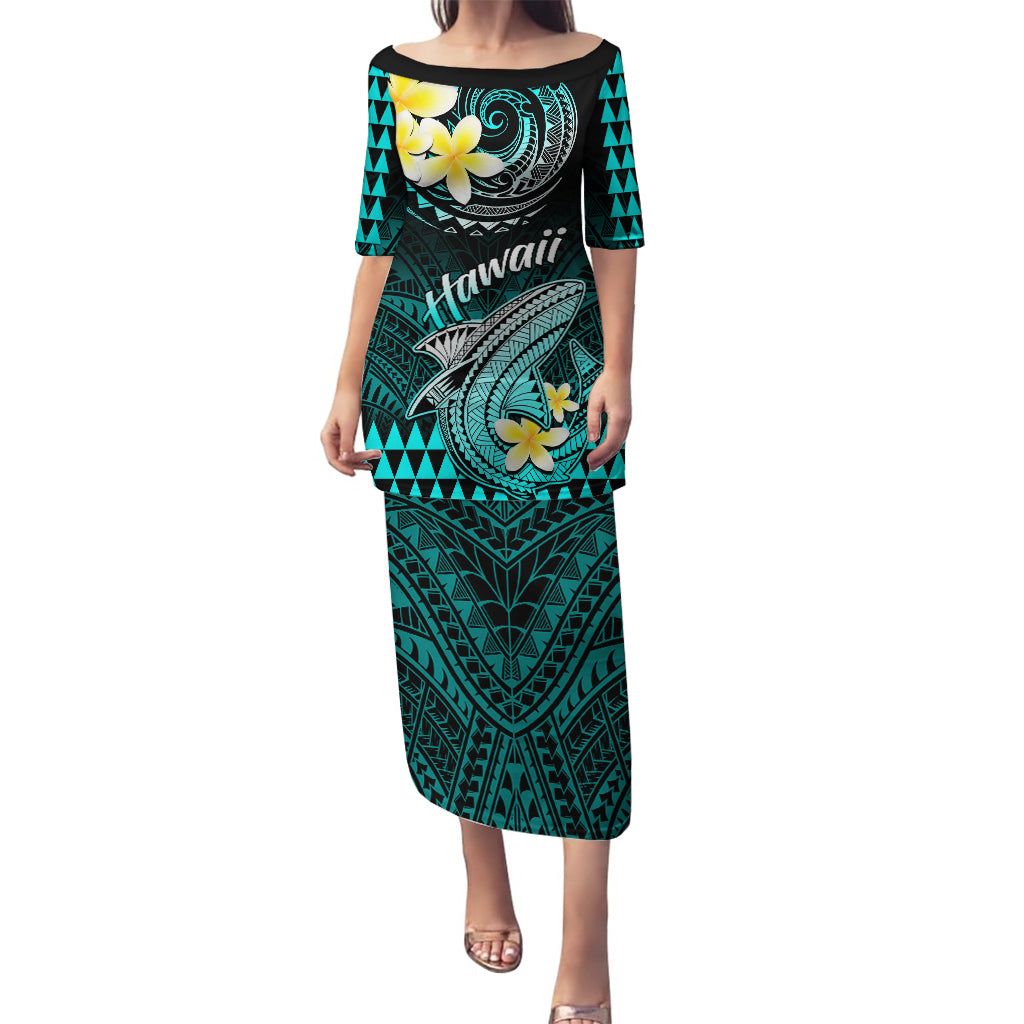 Personalised Hawaii Puletasi Polynesian Shark with Kakau Turquoise Version LT01 Long Dress Turquoise - Polynesian Pride