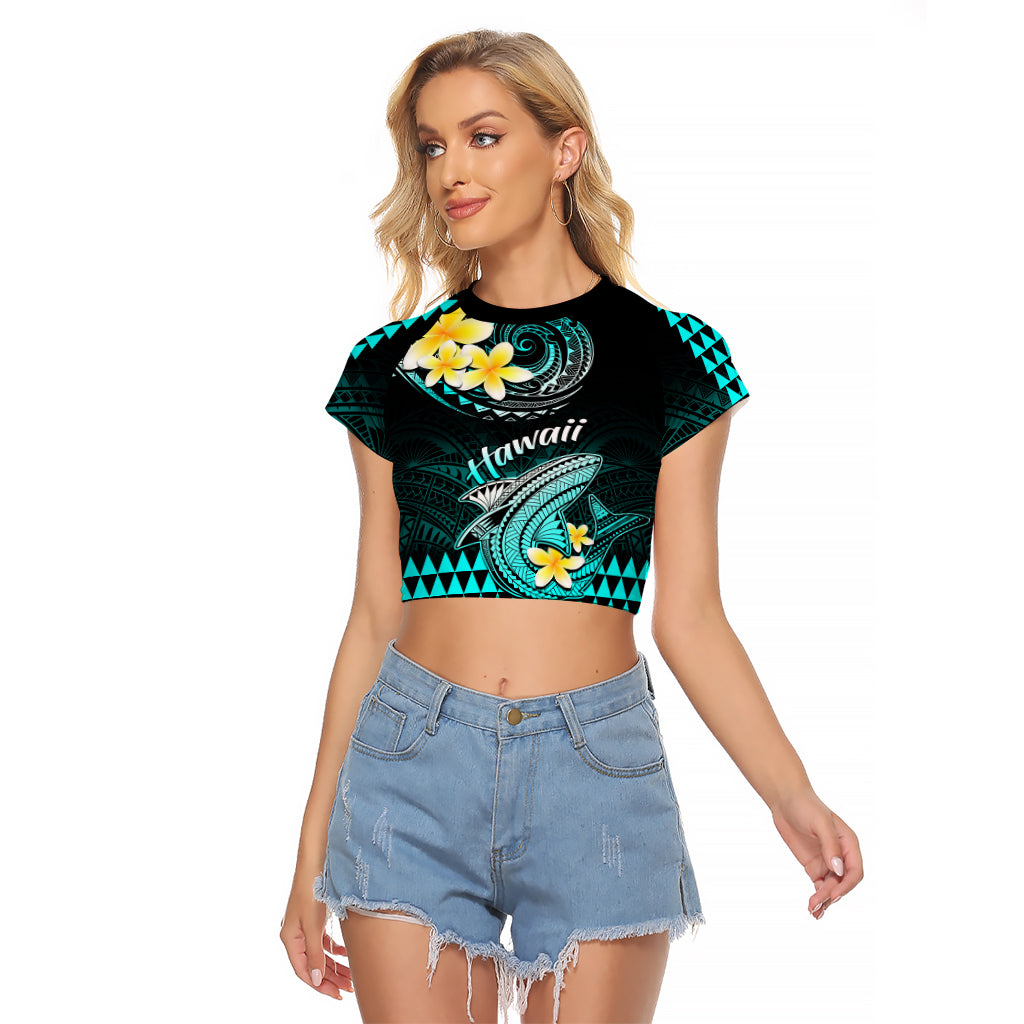 Personalised Hawaii Raglan Cropped T Shirt Polynesian Shark with Kakau Turquoise Version LT01 Female Turquoise - Polynesian Pride