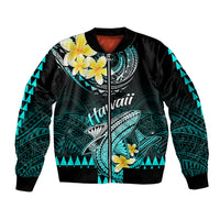 Personalised Hawaii Sleeve Zip Bomber Jacket Polynesian Shark with Kakau Turquoise Version LT01 Unisex Turquoise - Polynesian Pride