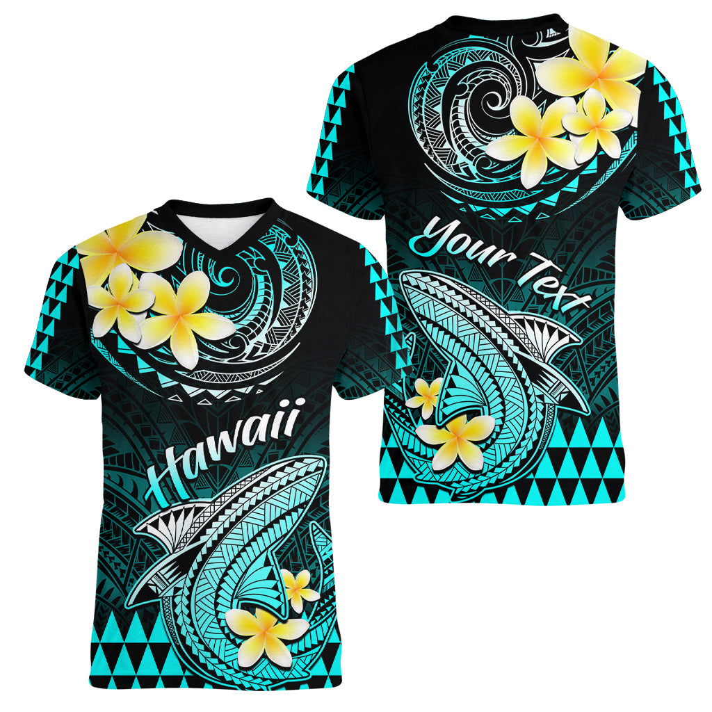 Personalised Hawaii Women V Neck T Shirt Polynesian Shark with Kakau Turquoise Version LT01 - Polynesian Pride
