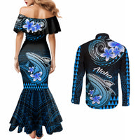 Hawaii Couples Matching Mermaid Dress and Long Sleeve Button Shirts Polynesian Shark with Kakau Blue Version LT01 - Polynesian Pride