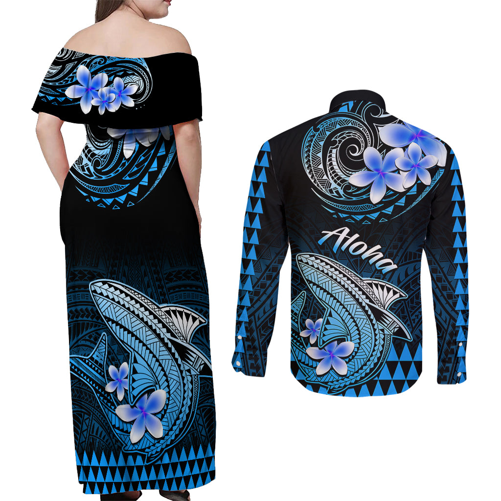 Hawaii Couples Matching Off Shoulder Maxi Dress and Long Sleeve Button Shirts Polynesian Shark with Kakau Blue Version LT01 - Polynesian Pride